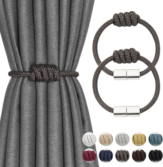 NICEEC 2 Pack Mini Magnetic Curtain Tiebacks Modern Simple Style Drape Tie Backs Elegant Hand Weave Rope Knot Decorative Curtain Holdbacks for Home & Office Window Drapery (Dark Grey)