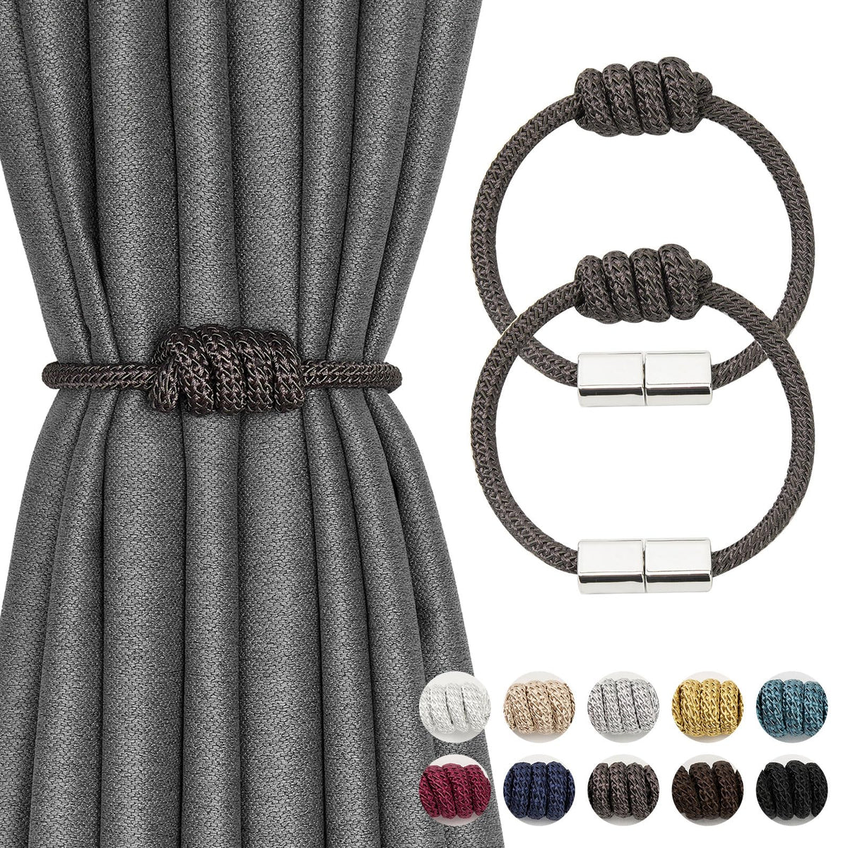 NICEEC 2 Pack Mini Magnetic Curtain Tiebacks Modern Simple Style Drape Tie Backs Elegant Hand Weave Rope Knot Decorative Curtain Holdbacks for Home & Office Window Drapery (Dark Grey)