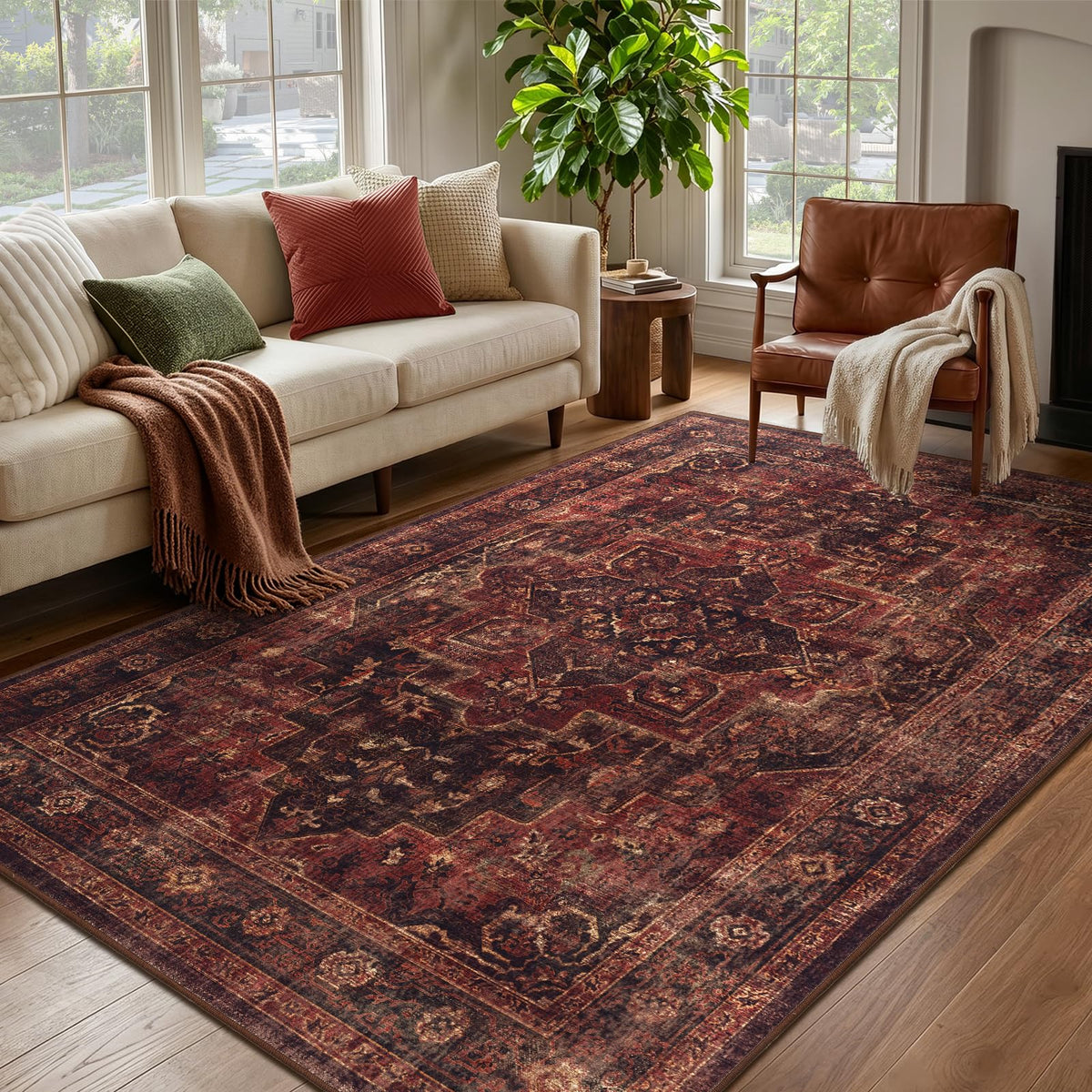 Vintage Distressed 5x7 Area Rugs for Living Room Bedroom Non Slip Washable, Medallion Pattern Printed Low Pile Thin Carpet Rugs for Dining Room/Kitchen/Home Office, Multi Brown Olive Accents