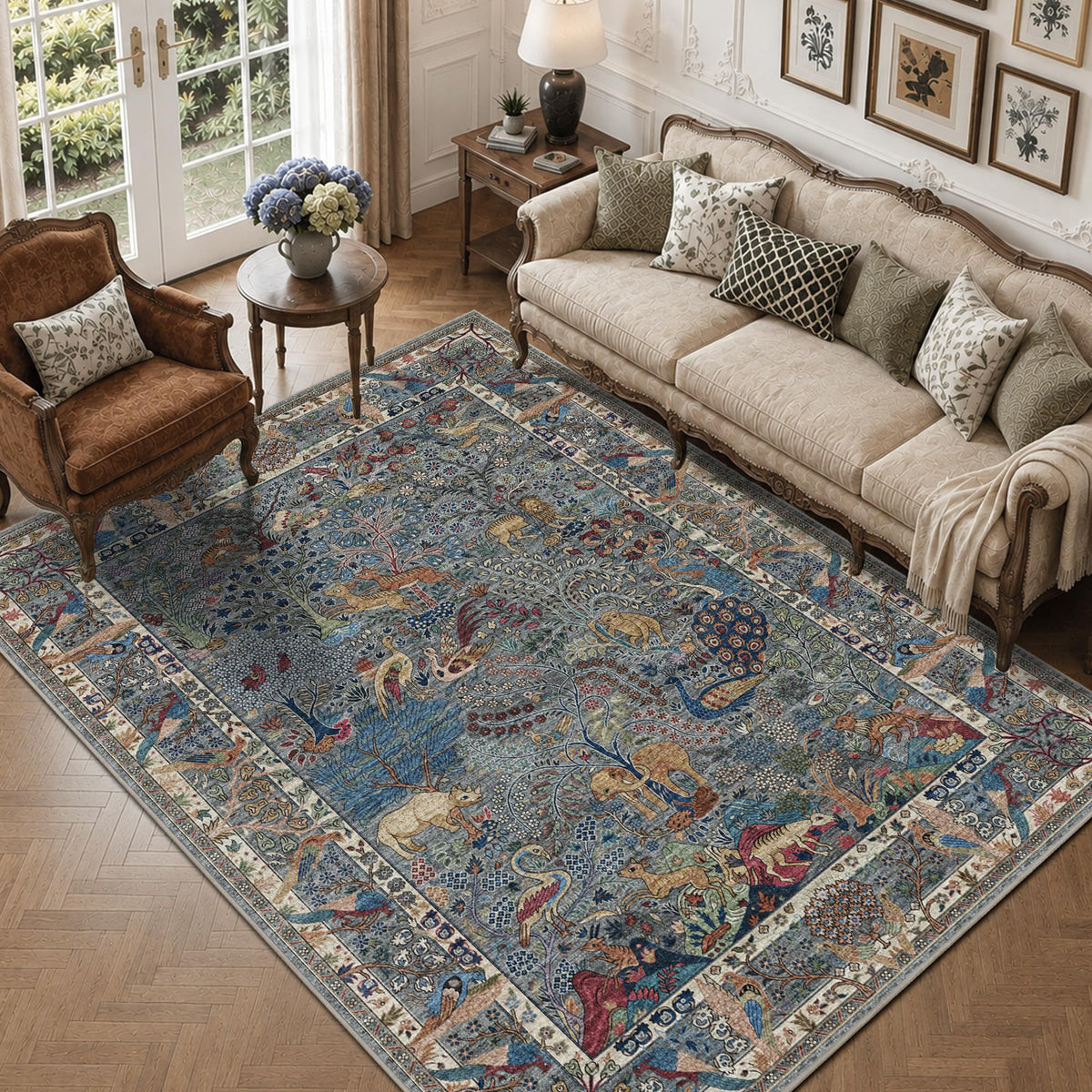 5x7 Washable Area Rug Vintage Animals Print Boho Indoor Carpet