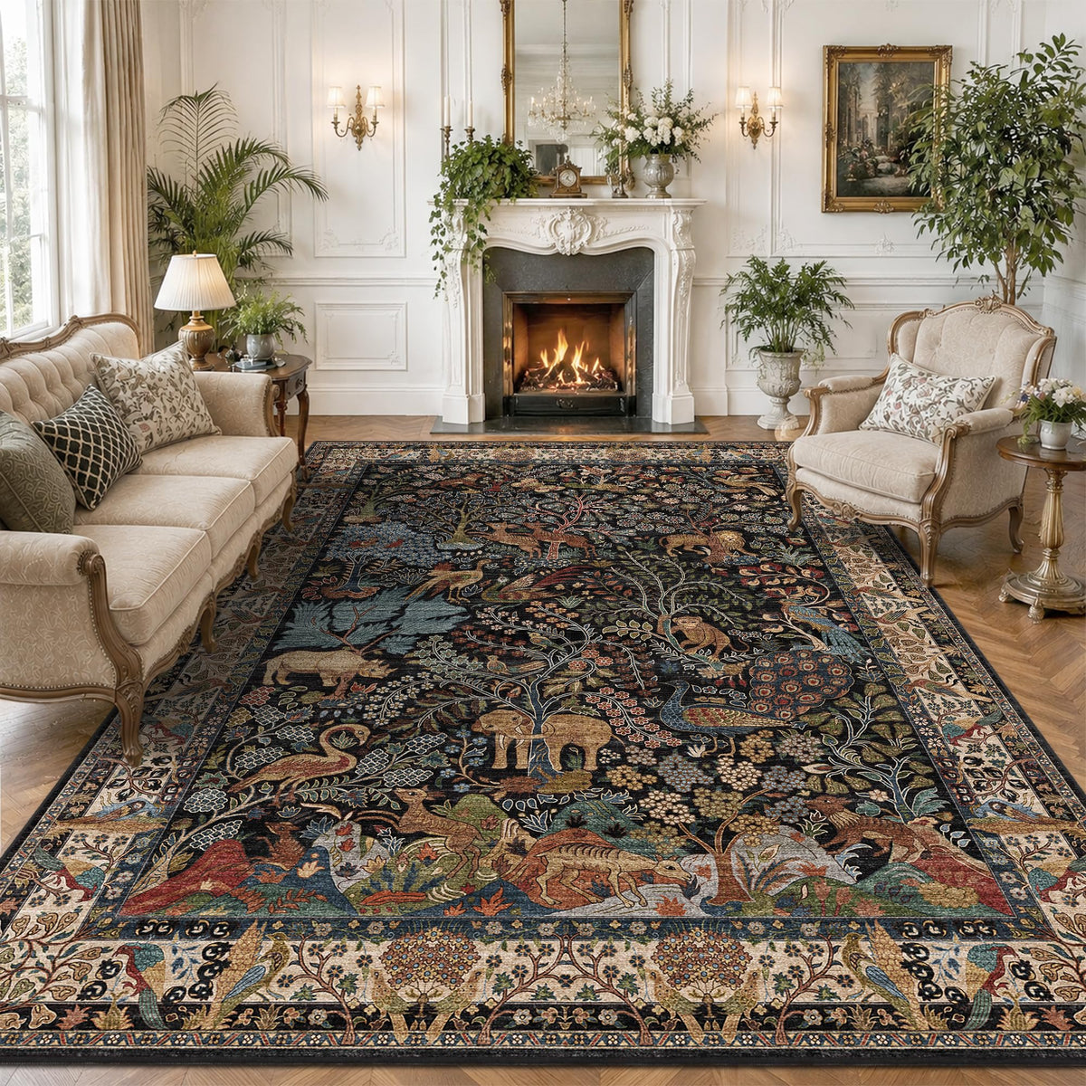 5x7 Washable Area Rug Vintage Animals Print Boho Indoor Carpet