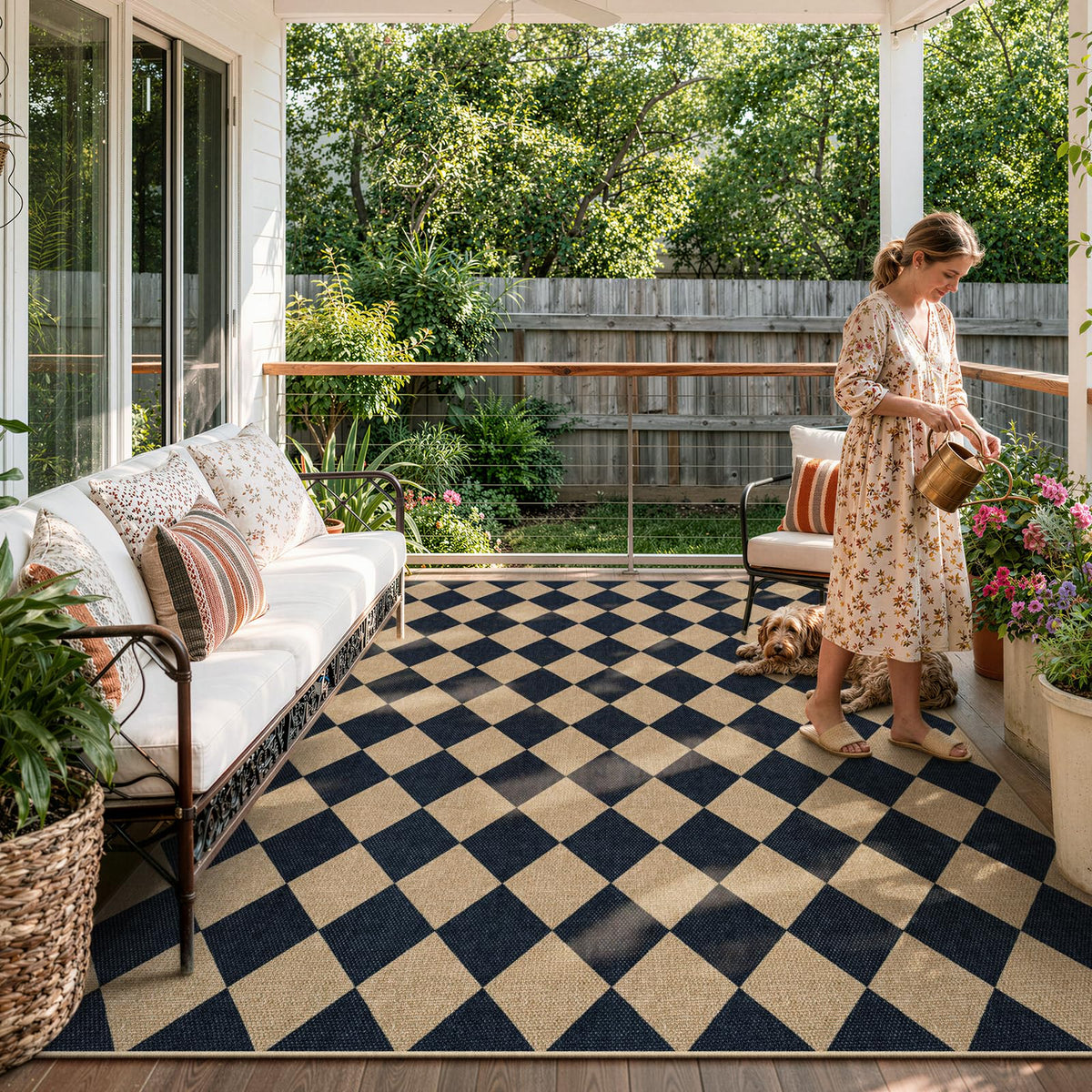 Lahome Checkered Easy Jute 5x7 Area Rugs, Washable Outdoor Patio Rug for Living Room Diamond Indoor Outdoor Carpet, Farmhouse Geometric Non Slip Black Carpet for Backyard Dining Room