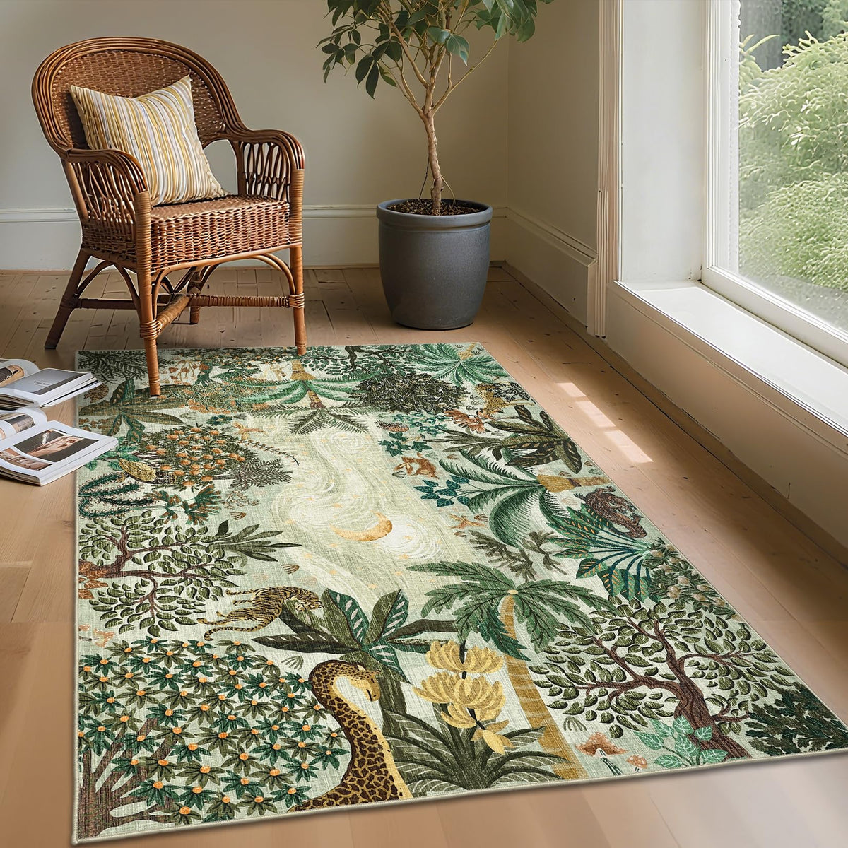 GarveeHome 5x7 Jungle Area Rug Washable Rugs for Living Room Bedroom, Soft Low Pile Non Slip Accent Floor Mat Animal Print Throw Rug Indoor Carpet Dining Room Playroom