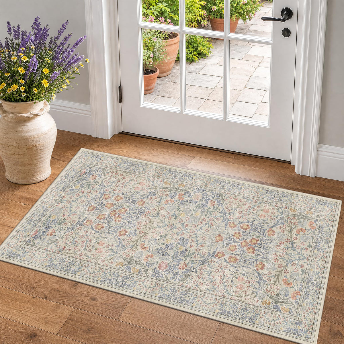 Floral Dark Green Washable Area Rugs 8x10, Vintage Living Room Rug