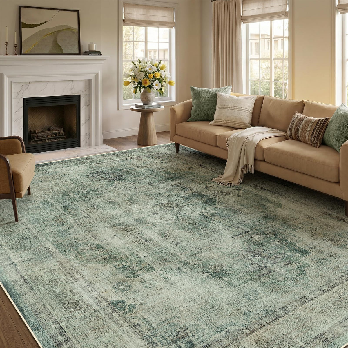 Vintage Distressed 5x7 Area Rugs for Living Room Bedroom Non Slip Washable, Medallion Pattern Printed Low Pile Thin Carpet Rugs for Dining Room/Kitchen/Home Office, Multi Brown Olive Accents