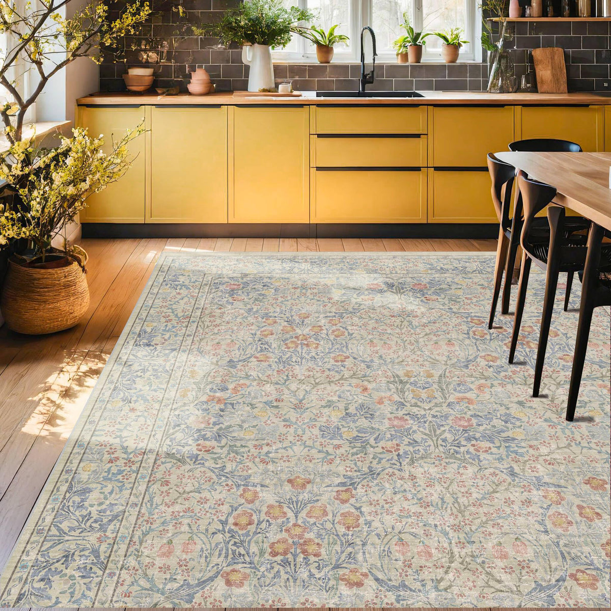Floral Dark Green Washable Area Rugs 8x10, Vintage Living Room Rug