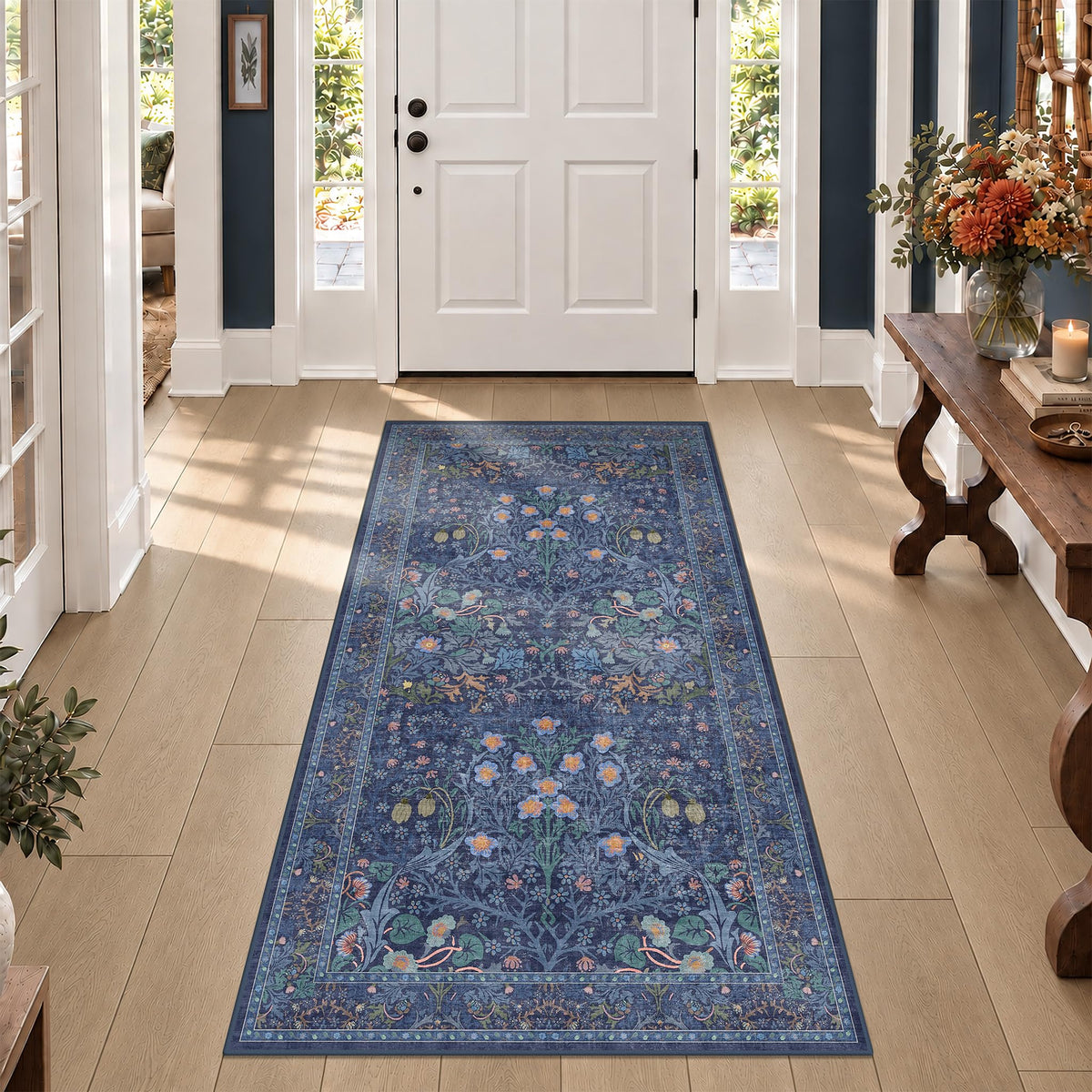 Floral Dark Green Washable Area Rugs 8x10, Vintage Living Room Rug