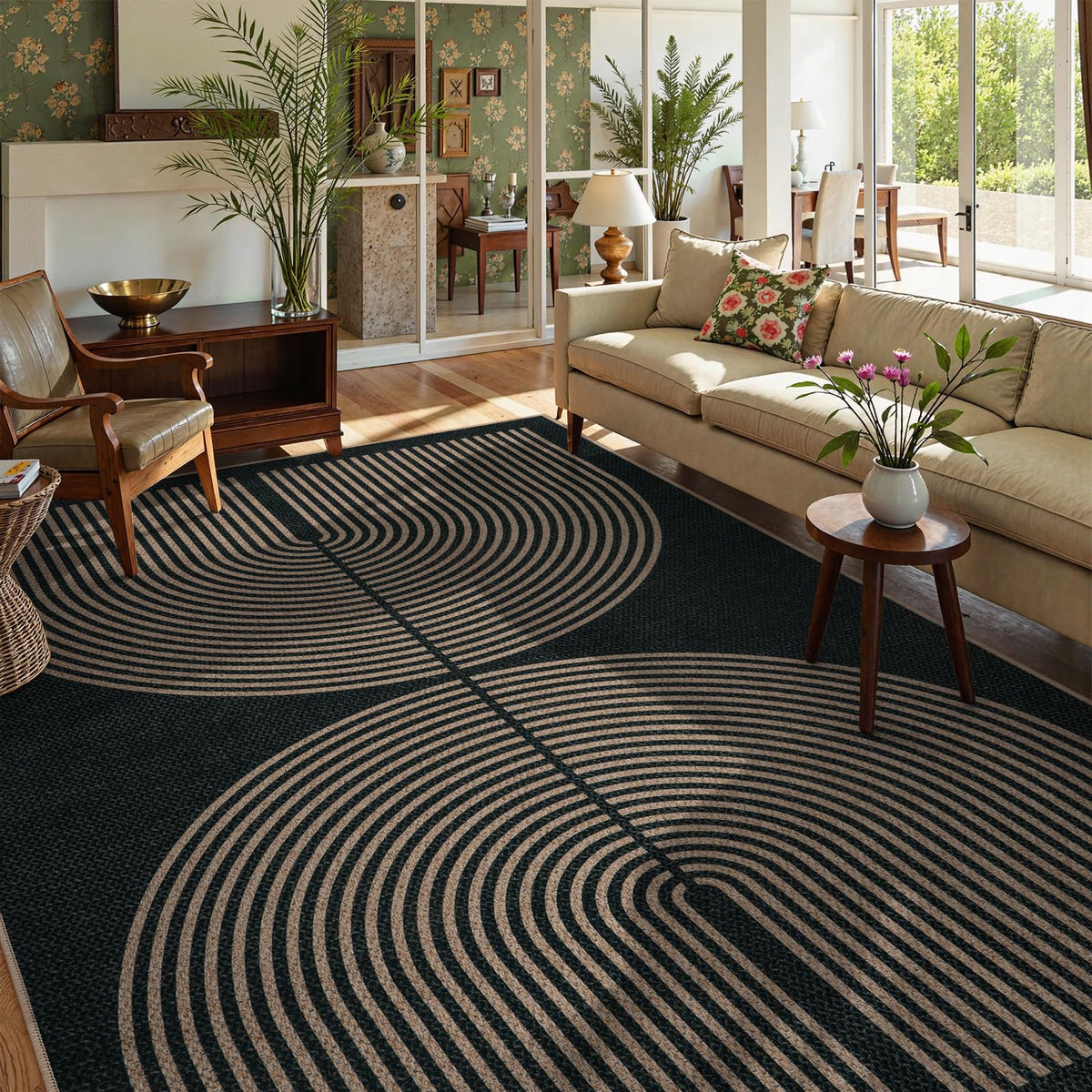 Lahome Modern Rainbow Easy Jute Carpet, Washable 5x7 Area Rugs for Living Room Patio Black Farmhouse Indoor Outdoor Rugs, Contemporary Natural Non Slip Floor Carpet for Office RV Backyard