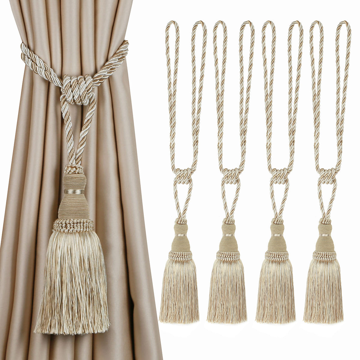 BEL AVENIR 2 Pack Curtain Tiebacks Tassel Drapery Tie-Backs Rope Holdbacks