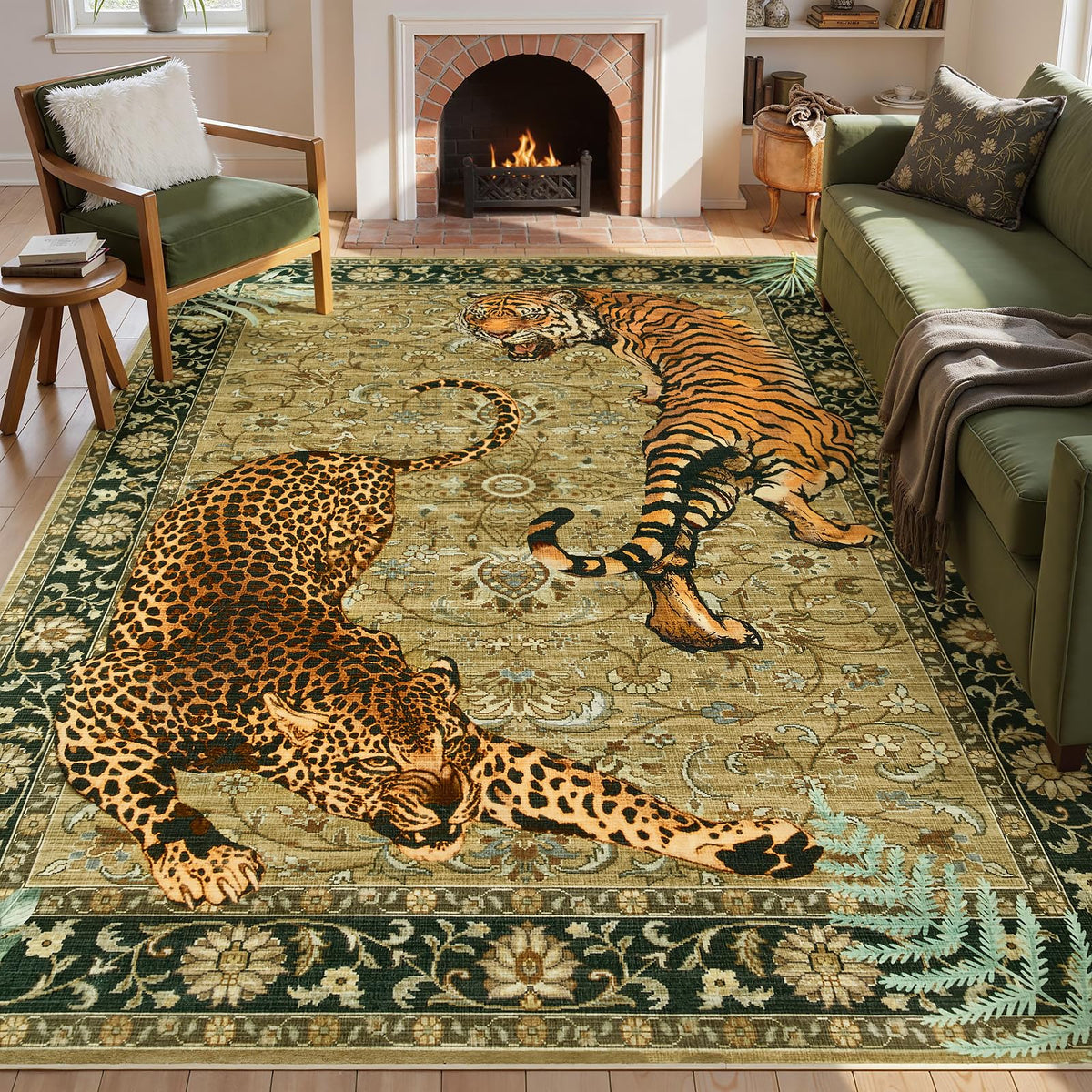 Joydeco Tiger Cheetah Animal Print 5x7 Washable Living Room Bedroom Rug