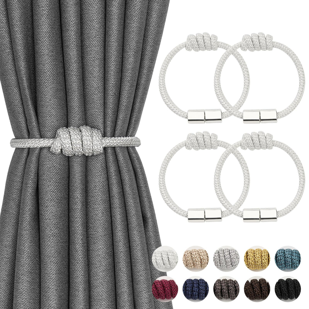 NICEEC 2 Pack Mini Magnetic Curtain Tiebacks Modern Simple Style Drape Tie Backs Elegant Hand Weave Rope Knot Decorative Curtain Holdbacks for Home & Office Window Drapery (Dark Grey)