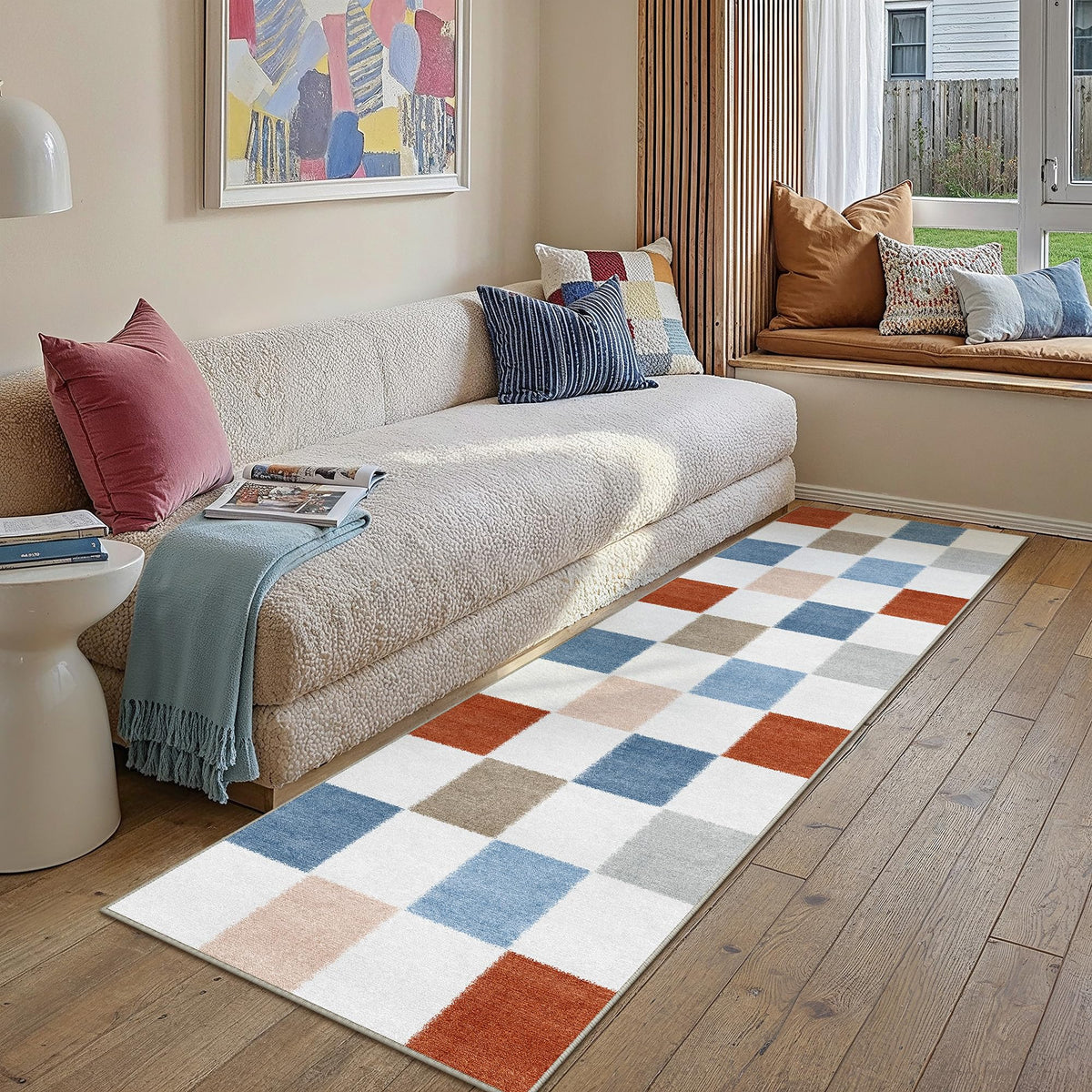 PureCozy 8x10 Washable Area Rug Living Room Beige Non Slip Checkered Carpet