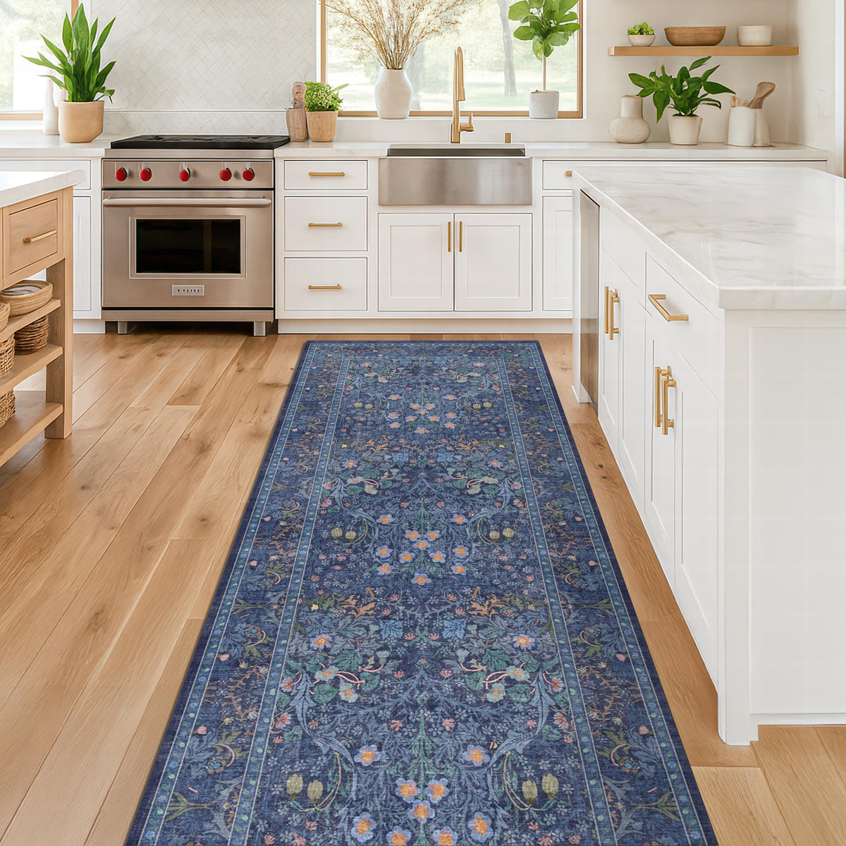 Floral Dark Green Washable Area Rugs 8x10, Vintage Living Room Rug