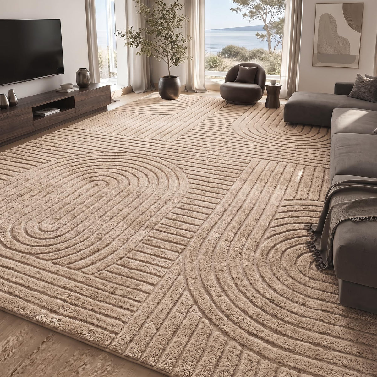 5x7 Solid Beige Area Rugs for Living Room, Geometric Washable Rug