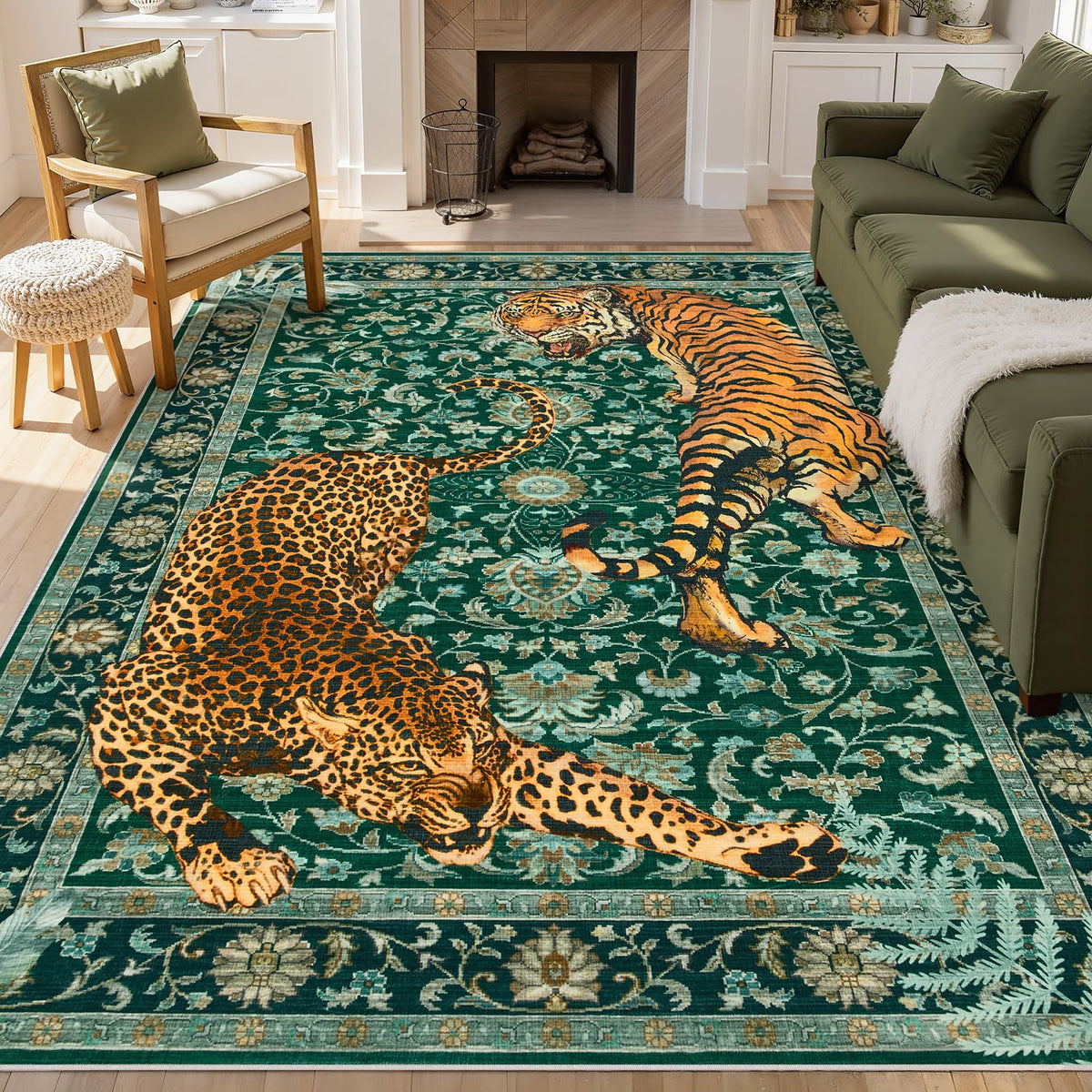Joydeco Tiger Cheetah Animal Print 5x7 Washable Rug for Living Room Bedroom