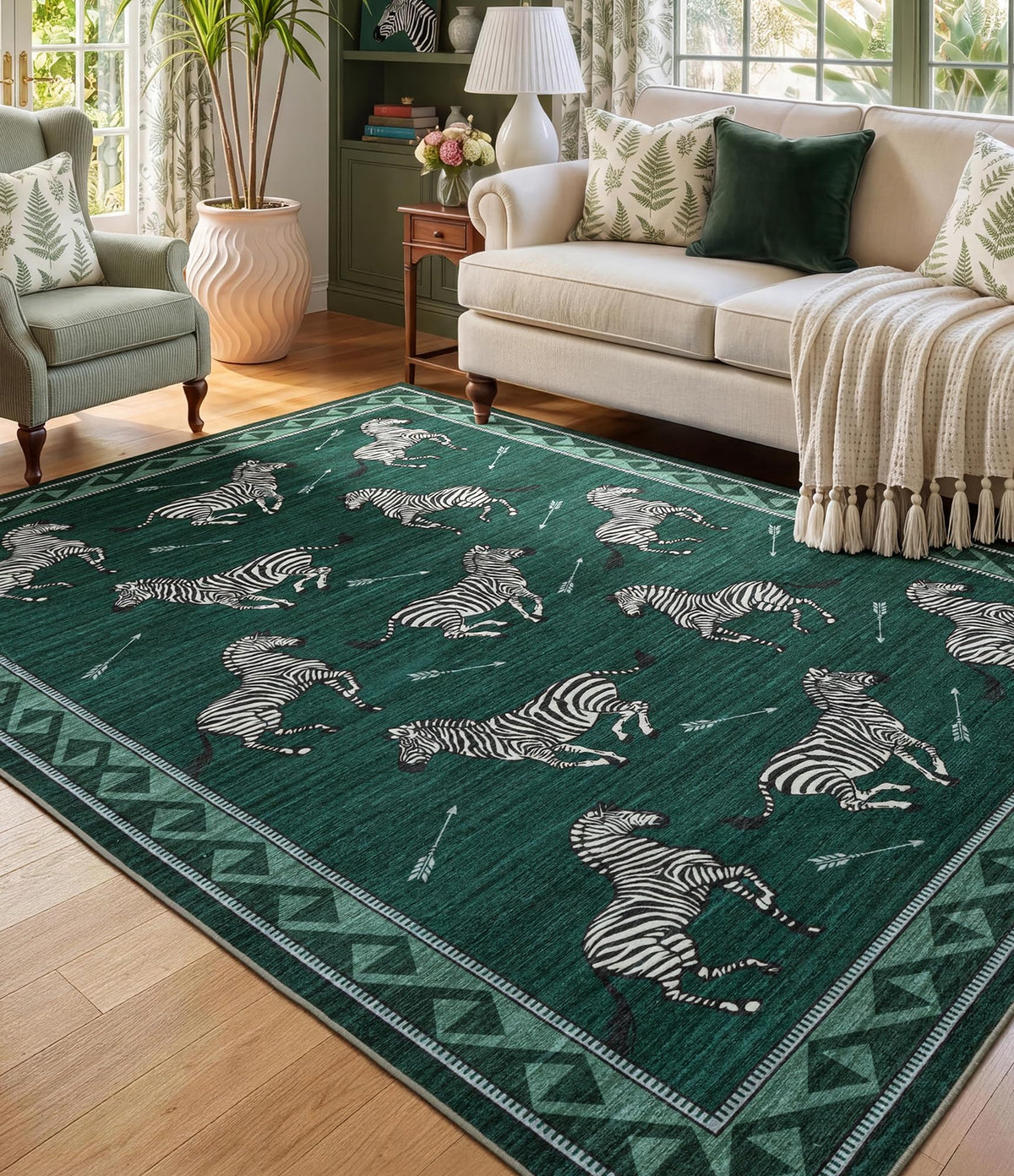 YIHOUSE Red Zebra Area Rugs 5×7, Washable Animal Print Rug with Checkered Border, Non-Slip Low Pile Mid-Century Modern Carpet for Living Room, Bedroom, Dining Room, Home Decor