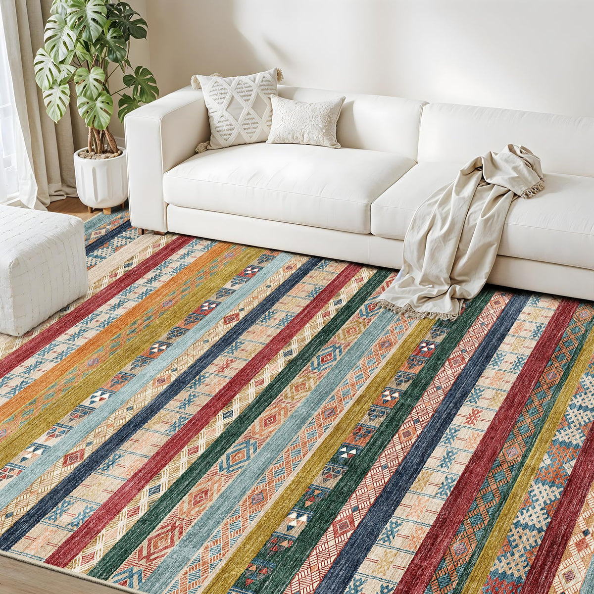5x7 Washable Area Rug for Living Room - Non-Slip Geometric Rugs Blue Grey