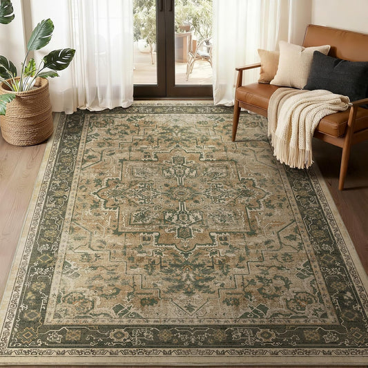 Vintage Distressed 5x7 Area Rugs for Living Room Bedroom Non Slip Washable, Medallion Pattern Printed Low Pile Thin Carpet Rugs for Dining Room/Kitchen/Home Office, Multi Brown Olive Accents