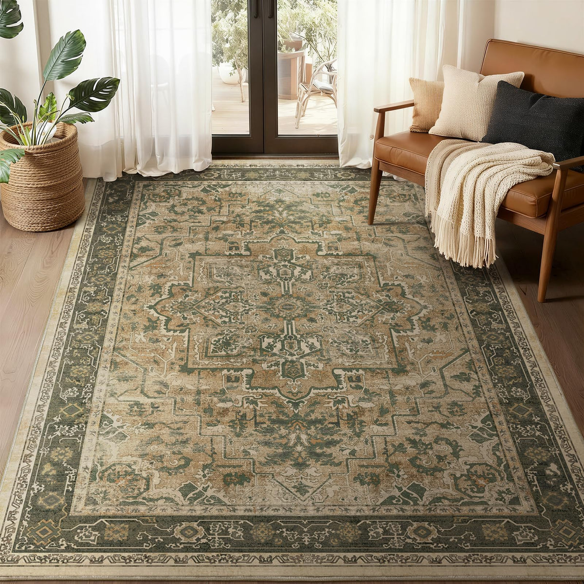 Vintage Distressed 5x7 Area Rugs for Living Room Bedroom Non Slip Washable, Medallion Pattern Printed Low Pile Thin Carpet Rugs for Dining Room/Kitchen/Home Office, Multi Brown Olive Accents
