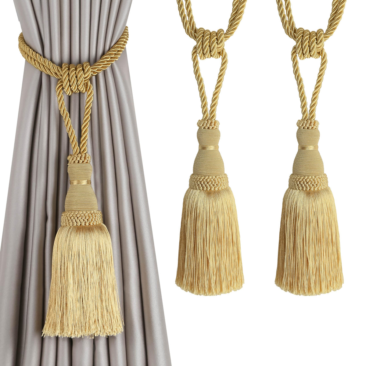 BEL AVENIR 2 Pack Curtain Tiebacks Tassel Drapery Tie-Backs Rope Holdbacks