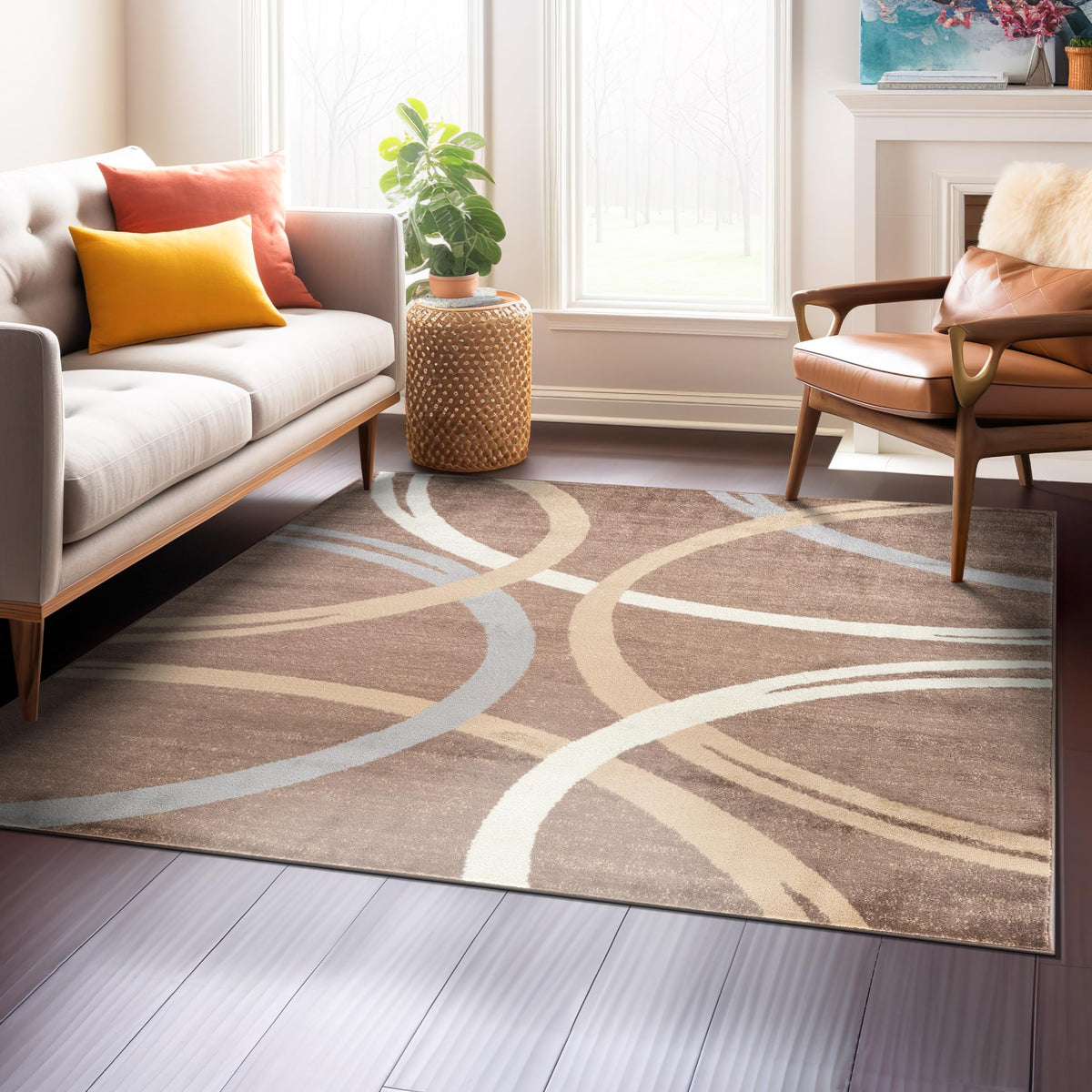Rugshop Wavy Circles Fade-Resistant Living Room Area Rug Gray 5'3" x 7'3"