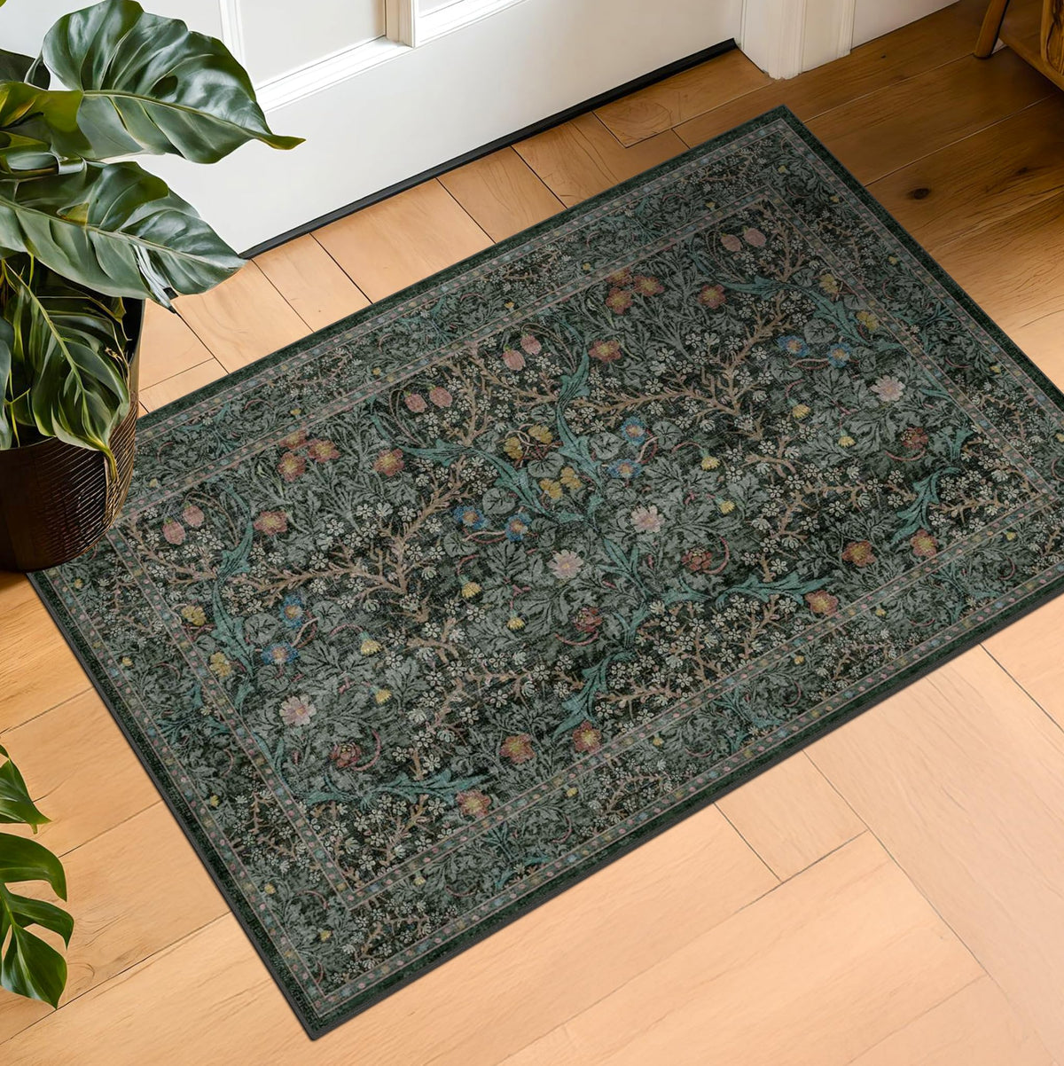 Floral Dark Green Washable Area Rugs 8x10, Vintage Living Room Rug