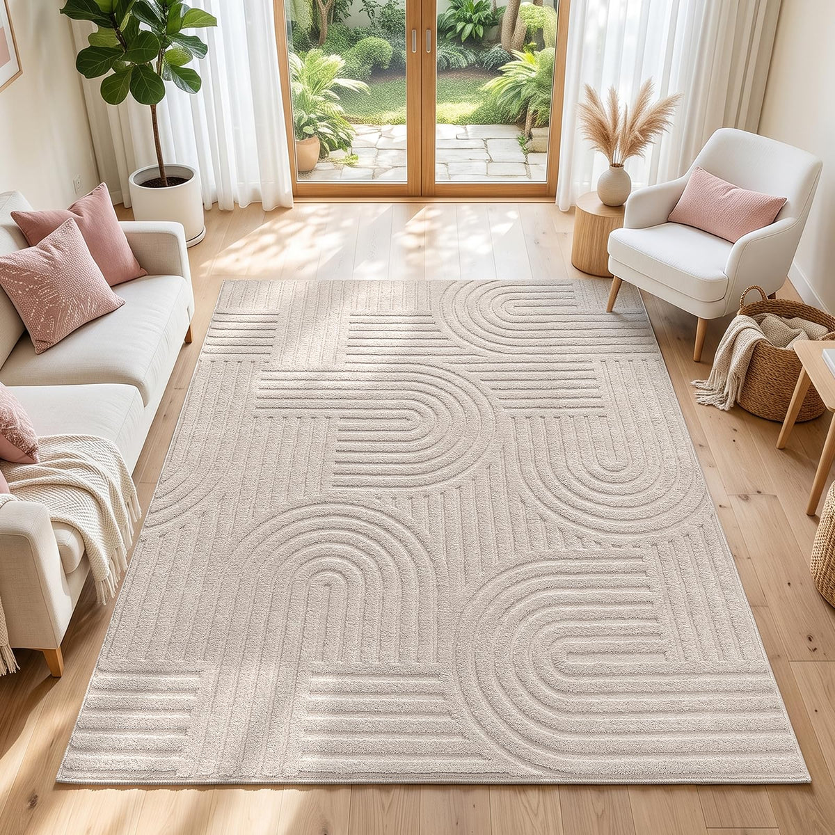 SHACOS Soft Cozy Fluffy Arch Pattern High-Low Pile Textured Area Rug 5'3"x7'3" Non Slip Washable Modern Geometric Rug Stain Resistant Contemporary Carpet for Living Room Bedroom Dining Room, Beige