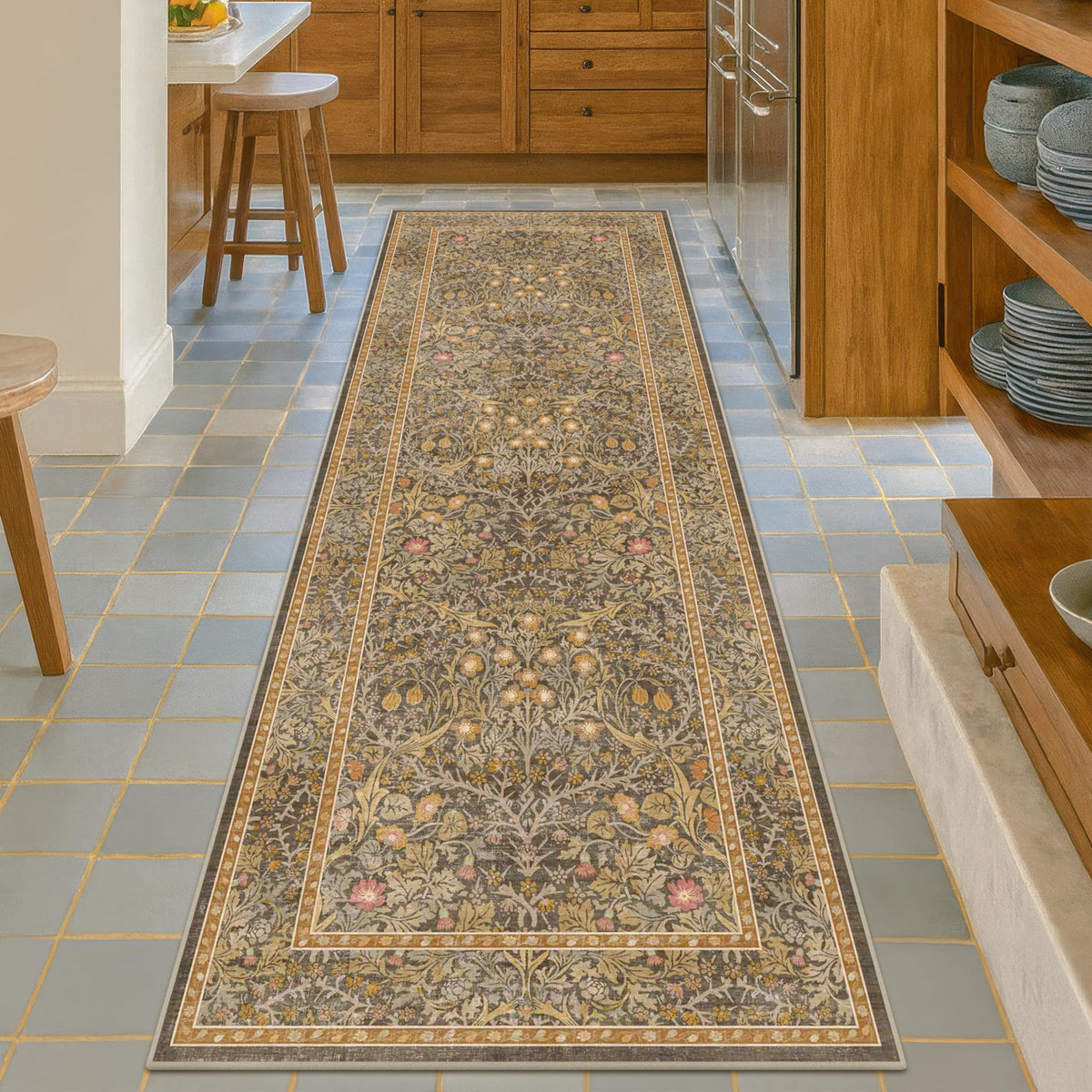Floral Dark Green Washable Area Rugs 8x10, Vintage Living Room Rug