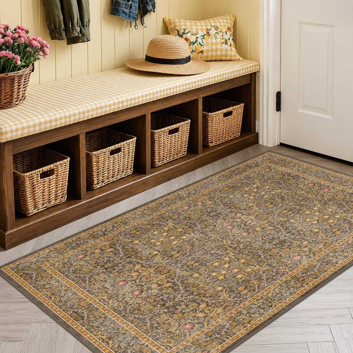 Floral Dark Green Washable Area Rugs 8x10, Vintage Living Room Rug