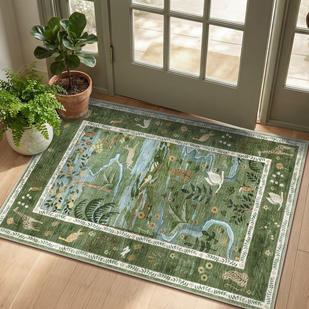 Washable Area Rug 5x7 Green Animal Print Rugs for Nursery Non Slip Stain Resistant Forest Fairy Tale Throw Carpet Low Pile Whimsical Safari Area Rugs for Entryway Girls Bedroom Dining Room, Green