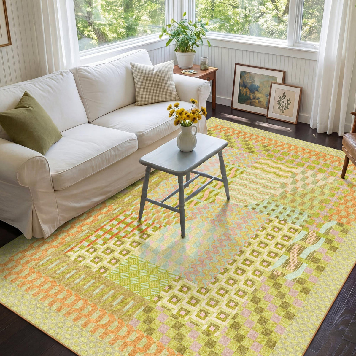 Kokia 8x10 Modern Geometric Washable Rug for Living Room Bauhaus Multicolor