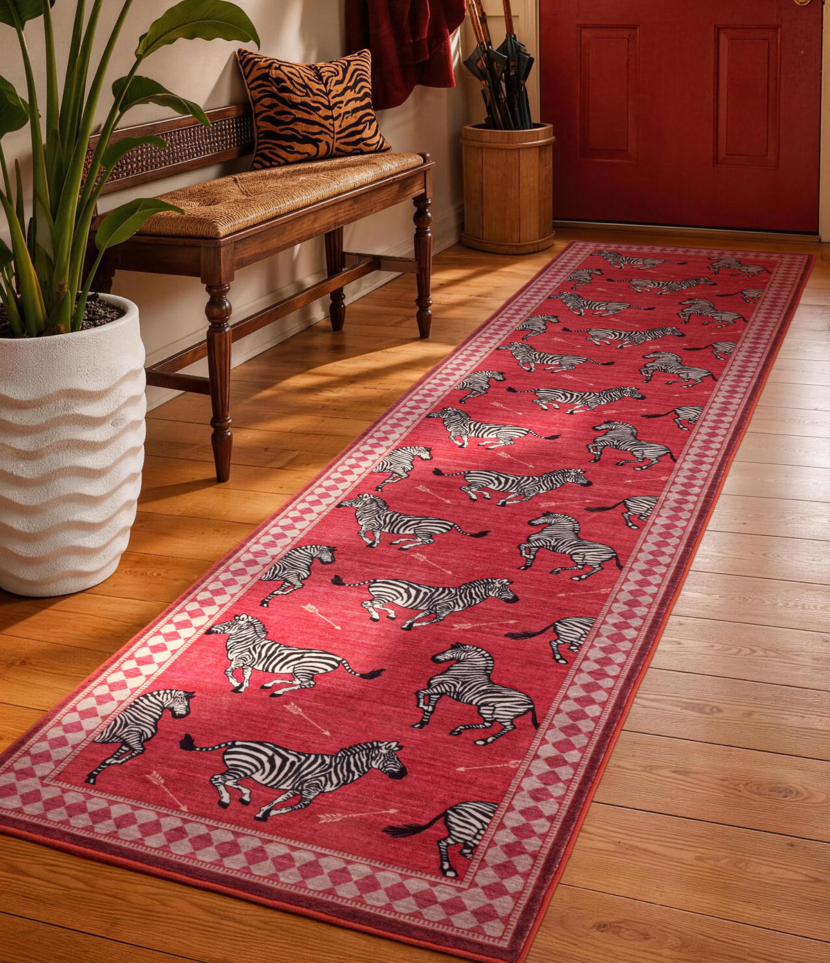 YIHOUSE Red Zebra Area Rugs 5×7, Washable Animal Print Rug with Checkered Border, Non-Slip Low Pile Mid-Century Modern Carpet for Living Room, Bedroom, Dining Room, Home Decor