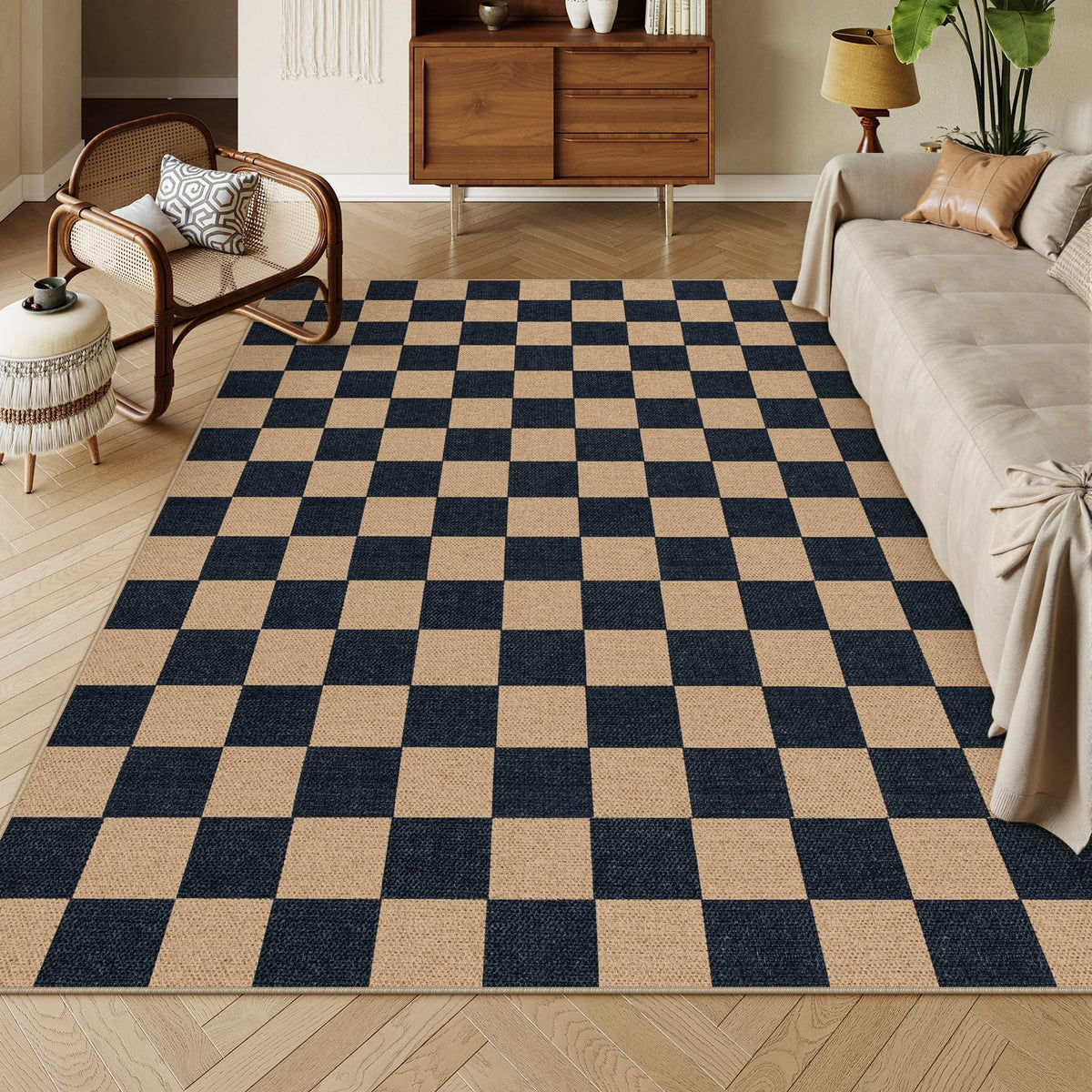Lahome Checkered Easy Jute 5x7 Area Rugs, Washable Outdoor Patio Rug for Living Room Diamond Indoor Outdoor Carpet, Farmhouse Geometric Non Slip Black Carpet for Backyard Dining Room