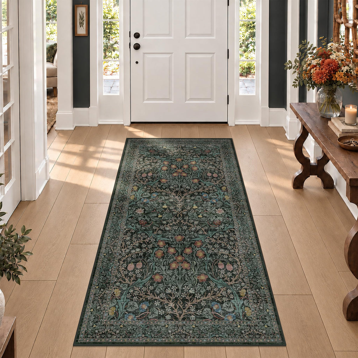 Floral Dark Green Washable Area Rugs 8x10, Vintage Living Room Rug