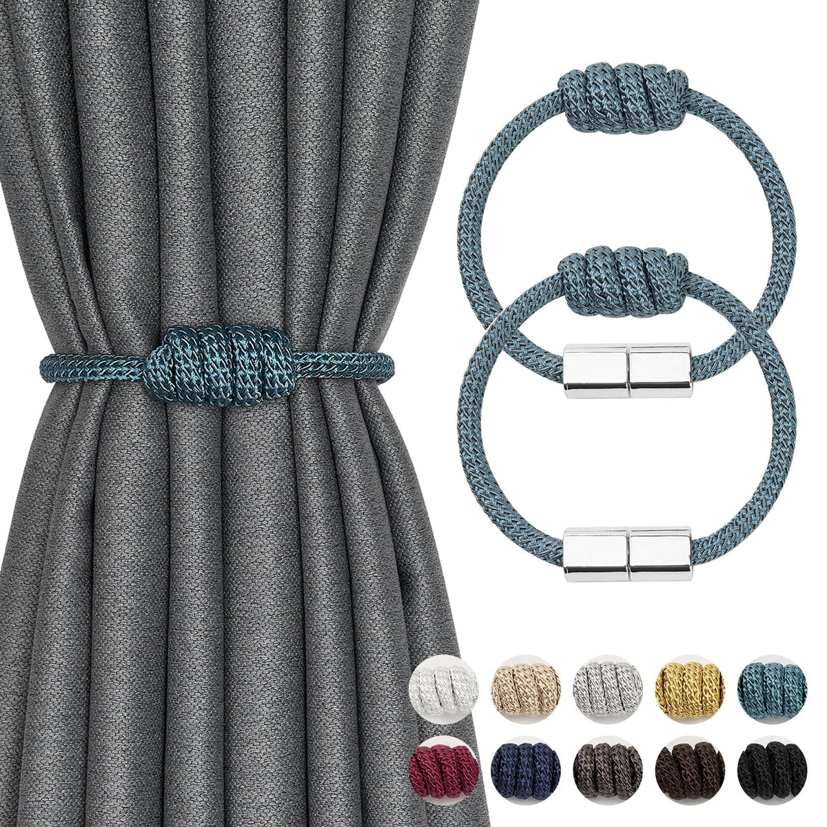 NICEEC 2 Pack Mini Magnetic Curtain Tiebacks Modern Simple Style Drape Tie Backs Elegant Hand Weave Rope Knot Decorative Curtain Holdbacks for Home & Office Window Drapery (Dark Grey)