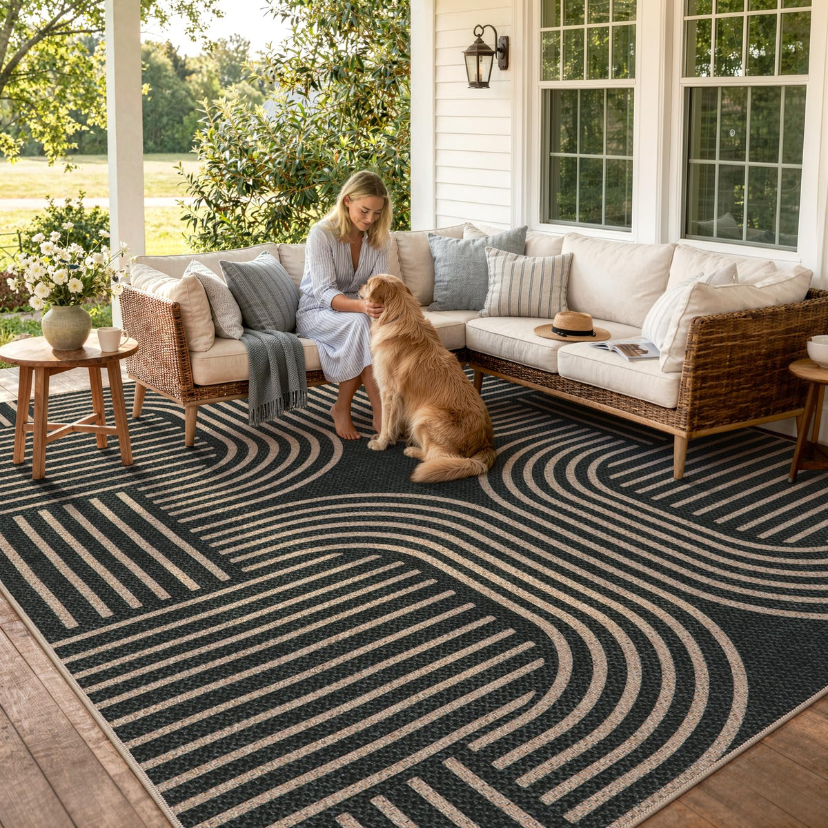 Lahome Modern Rainbow Easy Jute Carpet, Washable 5x7 Area Rugs for Living Room Patio Black Farmhouse Indoor Outdoor Rugs, Contemporary Natural Non Slip Floor Carpet for Office RV Backyard