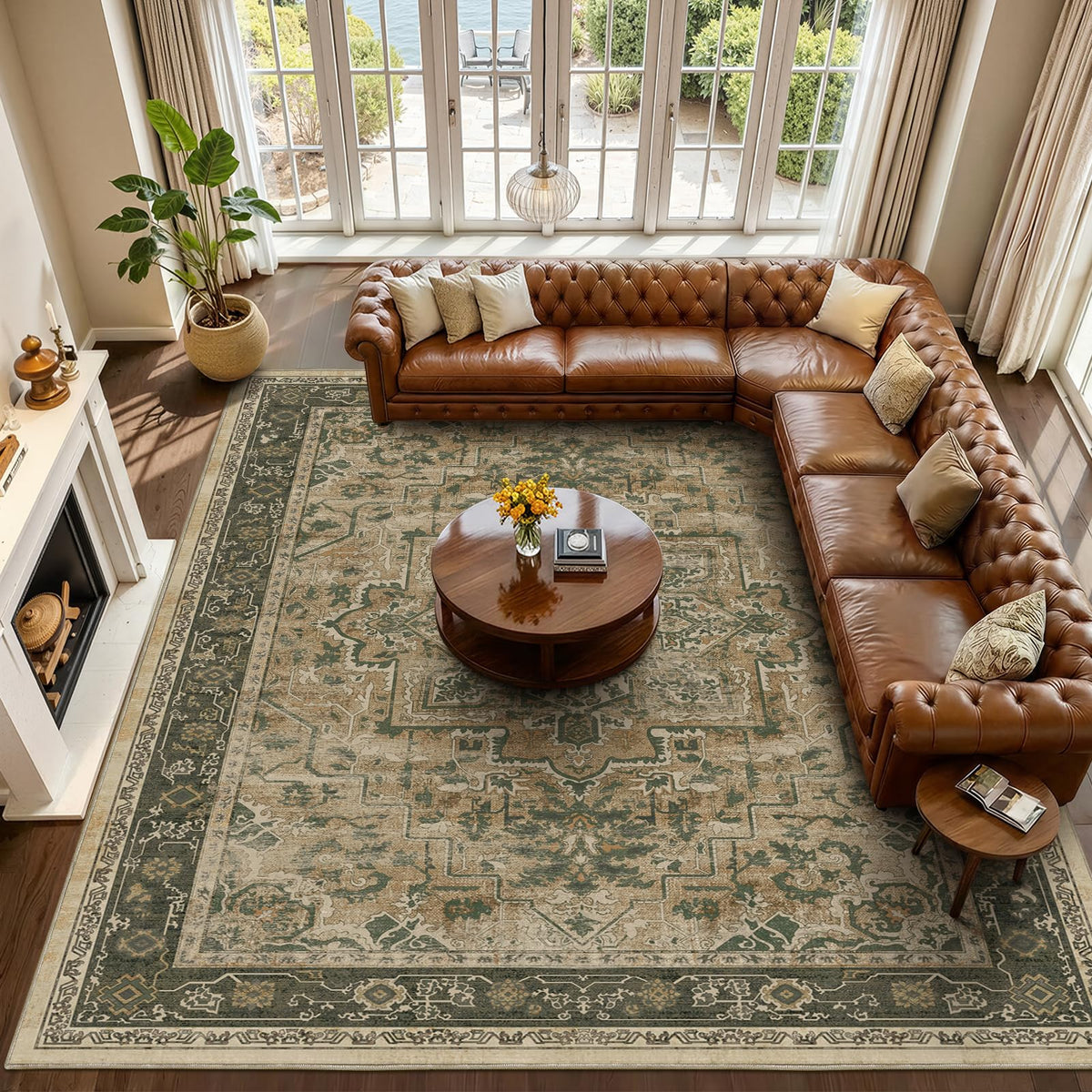 Vintage Distressed 5x7 Area Rugs for Living Room Bedroom Non Slip Washable, Medallion Pattern Printed Low Pile Thin Carpet Rugs for Dining Room/Kitchen/Home Office, Multi Brown Olive Accents