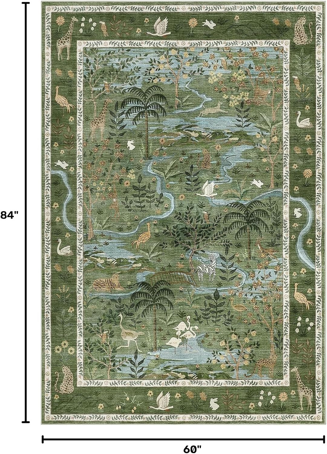 Washable Area Rug 5x7 Green Animal Print Rugs for Nursery Non Slip Stain Resistant Forest Fairy Tale Throw Carpet Low Pile Whimsical Safari Area Rugs for Entryway Girls Bedroom Dining Room, Green
