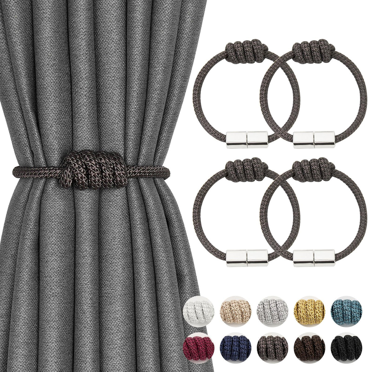 NICEEC 2 Pack Mini Magnetic Curtain Tiebacks Modern Simple Style Drape Tie Backs Elegant Hand Weave Rope Knot Decorative Curtain Holdbacks for Home & Office Window Drapery (Dark Grey)