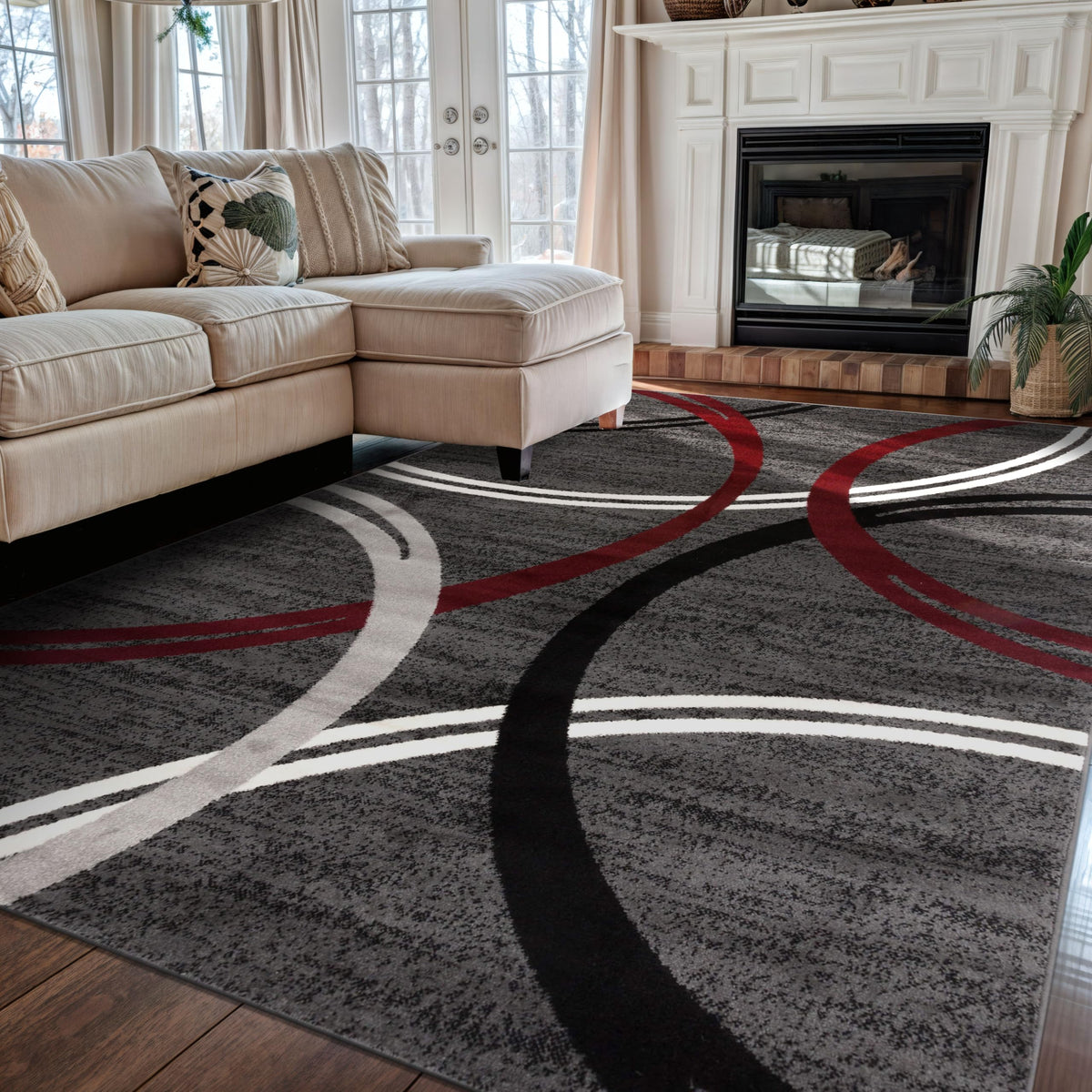Rugshop Wavy Circles Fade-Resistant Living Room Area Rug Gray 5'3" x 7'3"