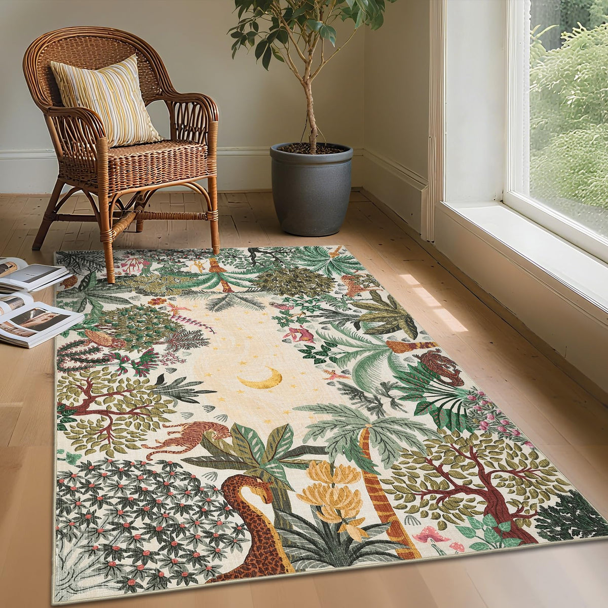 GarveeHome 5x7 Jungle Area Rug Washable Rugs for Living Room Bedroom, Soft Low Pile Non Slip Accent Floor Mat Animal Print Throw Rug Indoor Carpet Dining Room Playroom