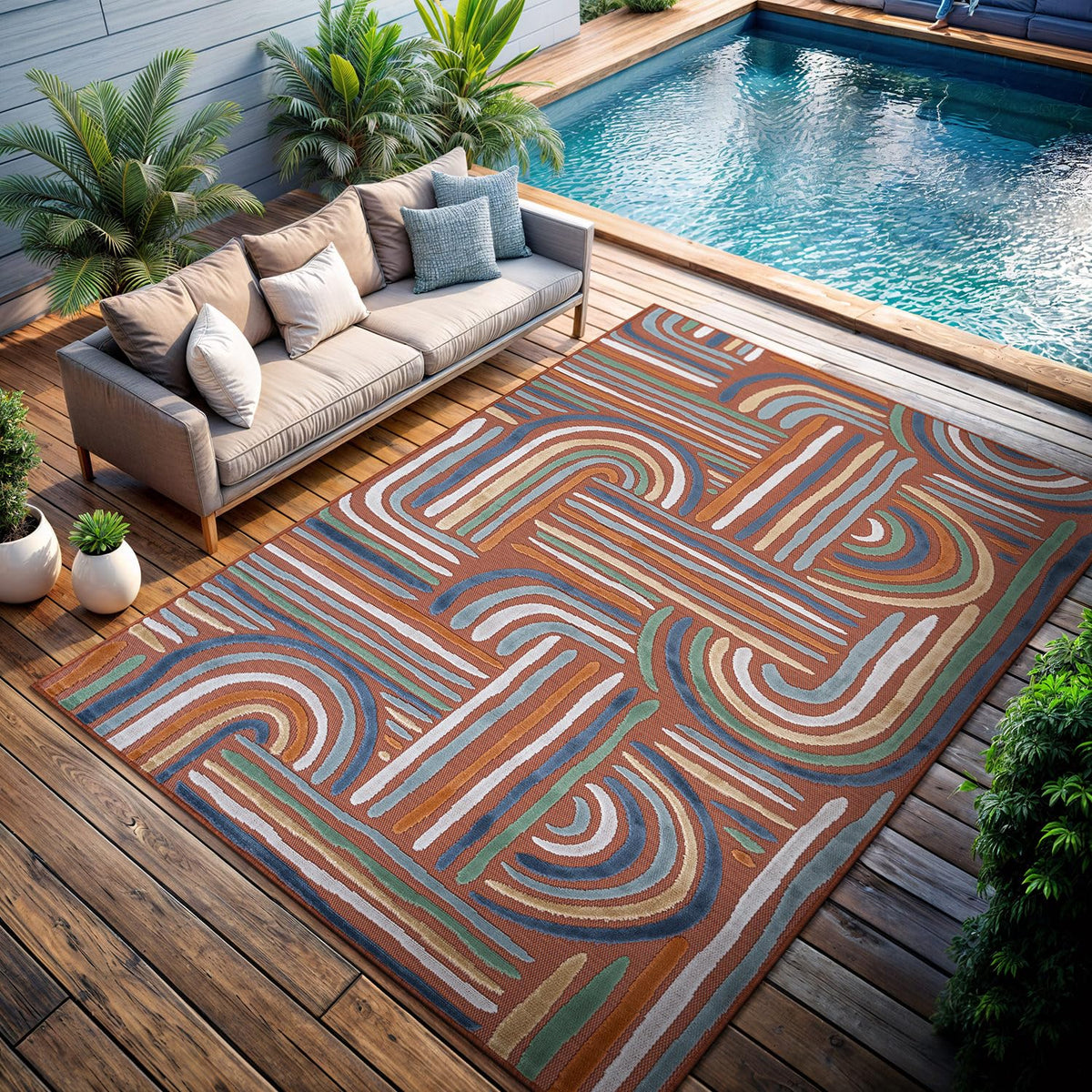 CAMILSON Indoor Outdoor Rug, Multicolor 6x9 Geometric Arch Striped Area Rugs for Patio and Home Areas, Easy-Cleaning Non-Shedding Living Room, Garden and Deck Washable Outside Carpet (6 x 9)