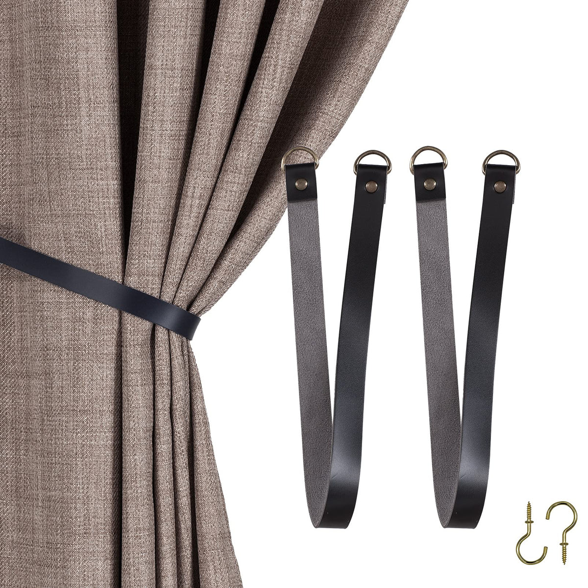 HOME QUEEN Faux Leather Curtain Tiebacks with Hooks, 2 Pack, Chocolate