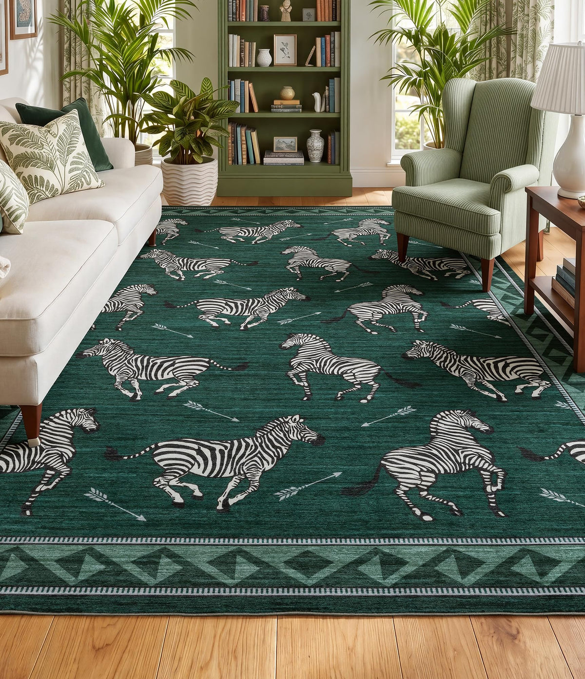 YIHOUSE Red Zebra Area Rugs 5×7, Washable Animal Print Rug with Checkered Border, Non-Slip Low Pile Mid-Century Modern Carpet for Living Room, Bedroom, Dining Room, Home Decor