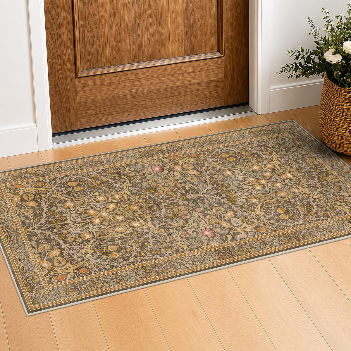 Floral Dark Green Washable Area Rugs 8x10, Vintage Living Room Rug