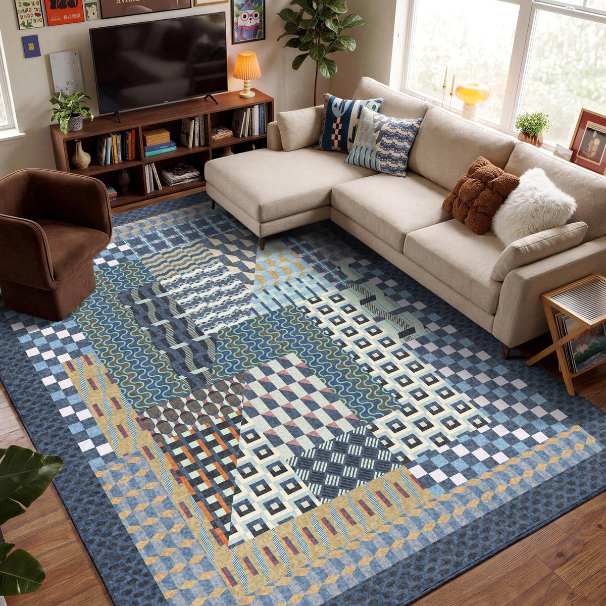 Kokia 8x10 Modern Geometric Washable Rug for Living Room Bauhaus Multicolor