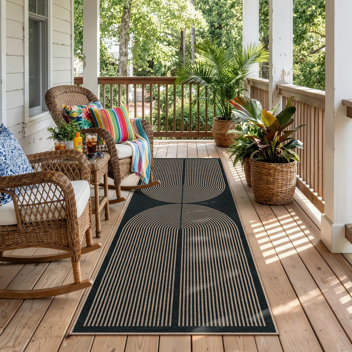 Lahome Modern Rainbow Easy Jute Carpet, Washable 5x7 Area Rugs for Living Room Patio Black Farmhouse Indoor Outdoor Rugs, Contemporary Natural Non Slip Floor Carpet for Office RV Backyard