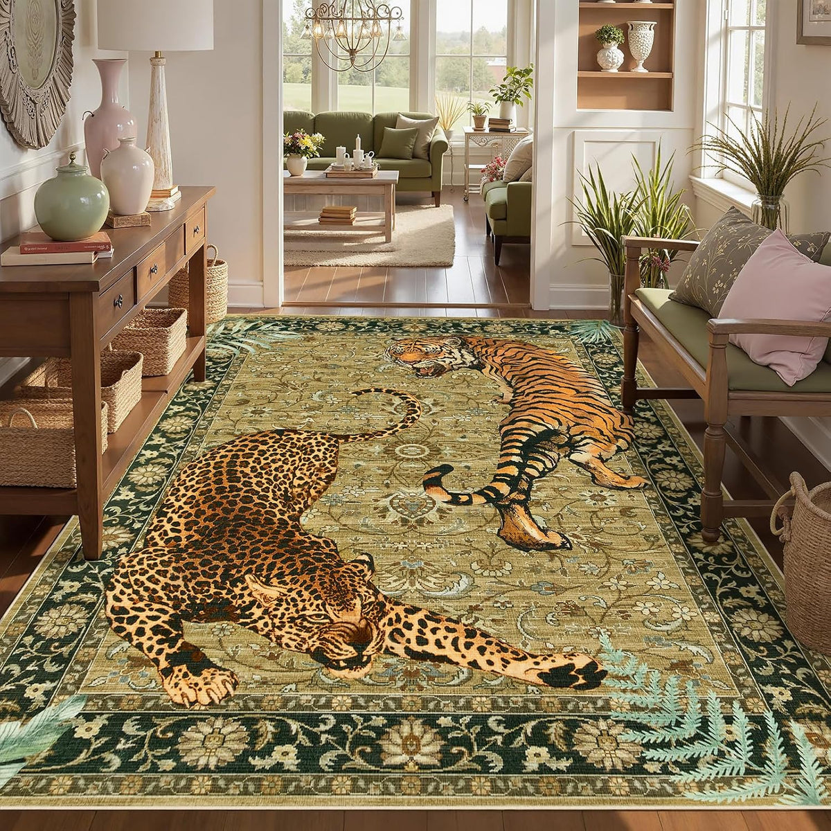 Joydeco Tiger Cheetah Animal Print 5x7 Washable Living Room Bedroom Rug