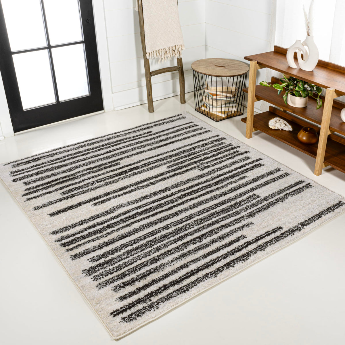 JONATHAN Y Khalil Modern Berber Stripe Cream/Black Indoor Area Rug, 8x10, Contemporary, Bohemian, Easy-Cleaning for Living Room, Bedroom, Kitchen, Pet Friendly, Non-Shedding (MOH207A-8)