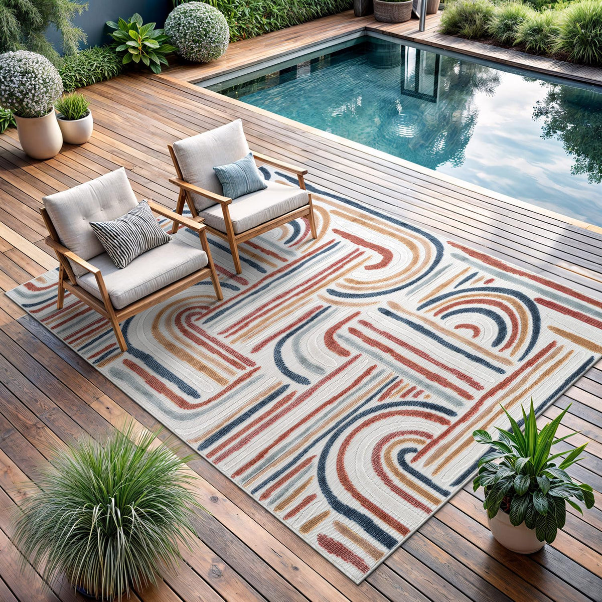 CAMILSON Indoor Outdoor Rug, Multicolor 6x9 Geometric Arch Striped Area Rugs for Patio and Home Areas, Easy-Cleaning Non-Shedding Living Room, Garden and Deck Washable Outside Carpet (6 x 9)
